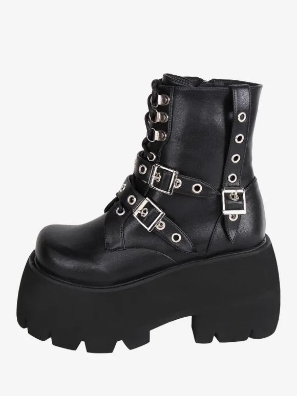 Gothic Lolita Boots PU Leather PU Round Toe Black Lolita Footwear