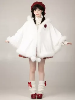 Gothic Lolita Cape Black Polyester Pom Poms Winter Lolita Outwears