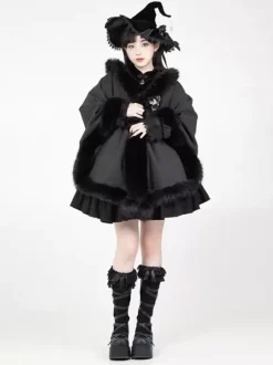 Gothic Lolita Cape Black Polyester Pom Poms Winter Lolita Outwears