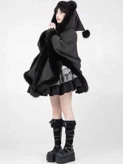 Gothic Lolita Cape Black Polyester Pom Poms Winter Lolita Outwears