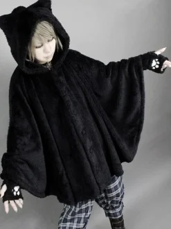 Gothic Lolita Cape Cat Planet Pleated Hooded Pellet Fleece Velvet Lolita Poncho Coat