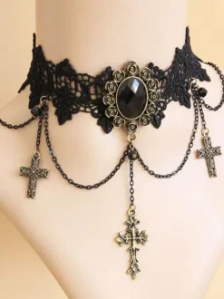 Gothic Lolita Choker Cross Chain Lace Black Lolita Necklace