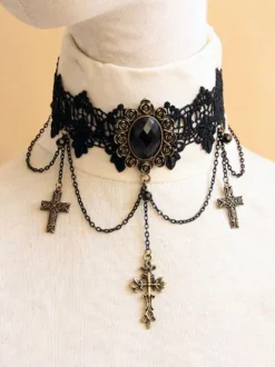 Gothic Lolita Choker Cross Chain Lace Black Lolita Necklace
