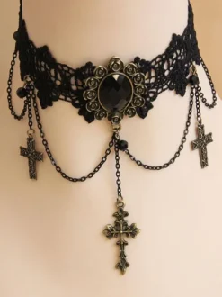 Gothic Lolita Choker Cross Chain Lace Black Lolita Necklace