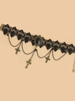 Gothic Lolita Choker Cross Chain Lace Black Lolita Necklace