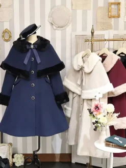 Gothic Lolita Coats Black Christmas Bows Polyester Overcoat Cape Coat Color Block Lolita Outwears Winter