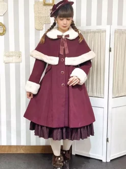 Gothic Lolita Coats Black Christmas Bows Polyester Overcoat Cape Coat Color Block Lolita Outwears Winter
