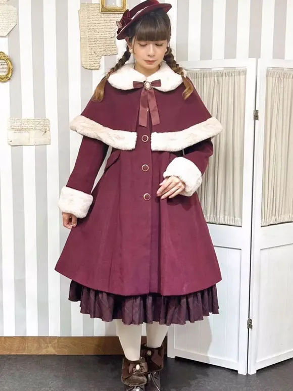 Gothic Lolita Coats Black Christmas Bows Polyester Overcoat Cape Coat Color Block Lolita Outwears Winter