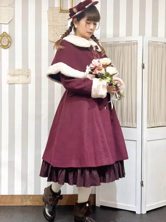 Gothic Lolita Coats Black Christmas Bows Polyester Overcoat Cape Coat Color Block Lolita Outwears Winter