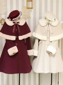 Gothic Lolita Coats Black Christmas Bows Polyester Overcoat Cape Coat Color Block Lolita Outwears Winter