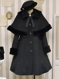 Gothic Lolita Coats Black Christmas Bows Polyester Overcoat Cape Coat Color Block Lolita Outwears Winter