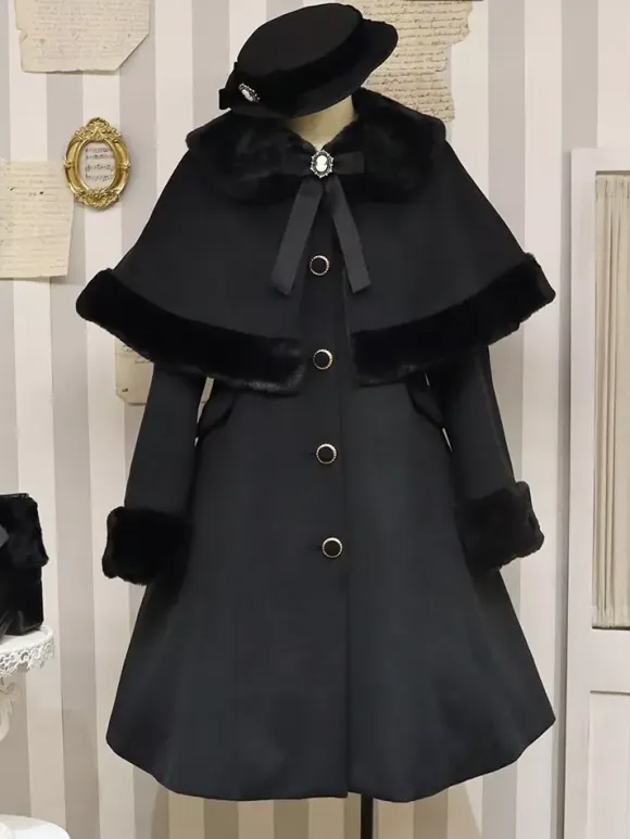 Gothic Lolita Coats Black Christmas Bows Polyester Overcoat Cape Coat Color Block Lolita Outwears Winter