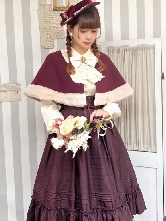 Gothic Lolita Coats Black Christmas Bows Polyester Overcoat Cape Coat Color Block Lolita Outwears Winter
