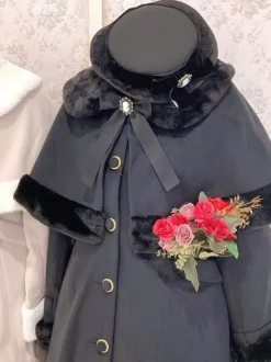 Gothic Lolita Coats Black Christmas Bows Polyester Overcoat Cape Coat Color Block Lolita Outwears Winter