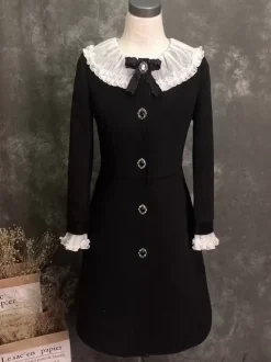 Gothic Lolita Coats Black Coat Bows Overcoat Polyester Winter Lolita Outwears