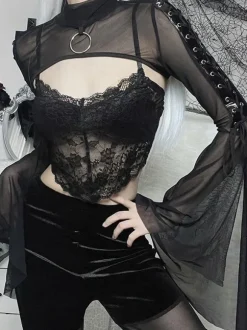 Gothic Lolita Cover-ups Black Grommets Lace up Top Polyester Lolita Outwears