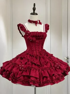 Gothic Lolita Dress Burgundy Jacquard with Flowers and Bows Kawaii Fashion