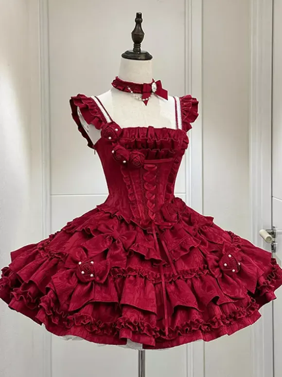 Gothic Lolita Dress Burgundy Jacquard with Flowers and Bows Kawaii Fashion