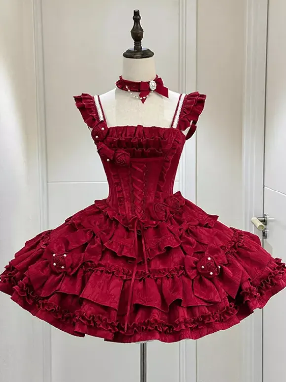 Gothic Lolita Dress Burgundy Jacquard with Flowers and Bows Kawaii Fashion