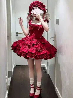 Gothic Lolita Dress Burgundy Jacquard with Flowers and Bows Kawaii Fashion
