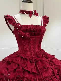 Gothic Lolita Dress Burgundy Jacquard with Flowers and Bows Kawaii Fashion