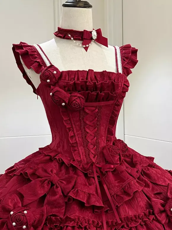 Gothic Lolita Dress Burgundy Jacquard with Flowers and Bows Kawaii Fashion