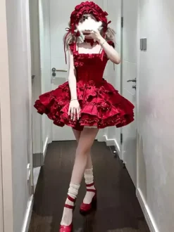 Gothic Lolita Dress Burgundy Jacquard with Flowers and Bows Kawaii Fashion