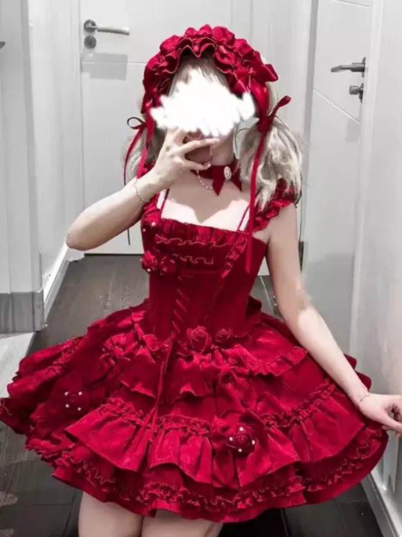 Gothic Lolita Dress Burgundy Jacquard with Flowers and Bows Kawaii Fashion
