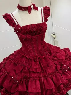 Gothic Lolita Dress Burgundy Jacquard with Flowers and Bows Kawaii Fashion