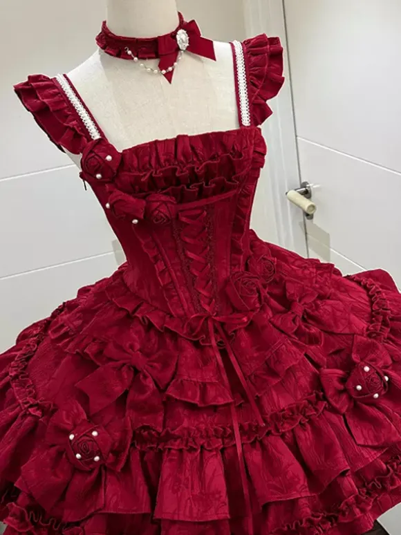 Gothic Lolita Dress Burgundy Jacquard with Flowers and Bows Kawaii Fashion