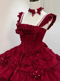 Gothic Lolita Dress Burgundy Jacquard with Flowers and Bows Kawaii Fashion