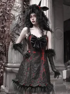Gothic Lolita Dress Feathers Lace Black JSK