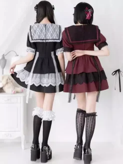 Gothic Lolita Dress Japanese Style Lace Splicing Mine Sailor Collar Slim Short Sleeve Sweet Dresses
