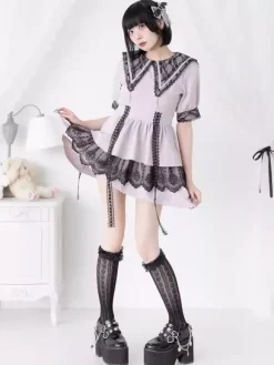 Gothic Lolita Dress Japanese Style Lace Splicing Mine Sailor Collar Slim Short Sleeve Sweet Dresses