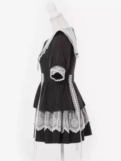 Gothic Lolita Dress Japanese Style Lace Splicing Mine Sailor Collar Slim Short Sleeve Sweet Dresses