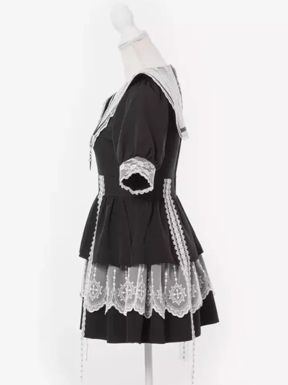 Gothic Lolita Dress Japanese Style Lace Splicing Mine Sailor Collar Slim Short Sleeve Sweet Dresses