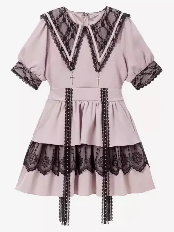 Gothic Lolita Dress Japanese Style Lace Splicing Mine Sailor Collar Slim Short Sleeve Sweet Dresses