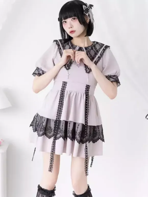 Gothic Lolita Dress Japanese Style Lace Splicing Mine Sailor Collar Slim Short Sleeve Sweet Dresses
