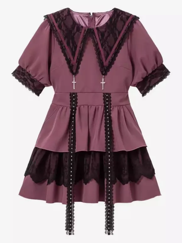 Gothic Lolita Dress Japanese Style Lace Splicing Mine Sailor Collar Slim Short Sleeve Sweet Dresses
