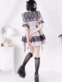 Gothic Lolita Dress Japanese Style Lace Splicing Mine Sailor Collar Slim Short Sleeve Sweet Dresses