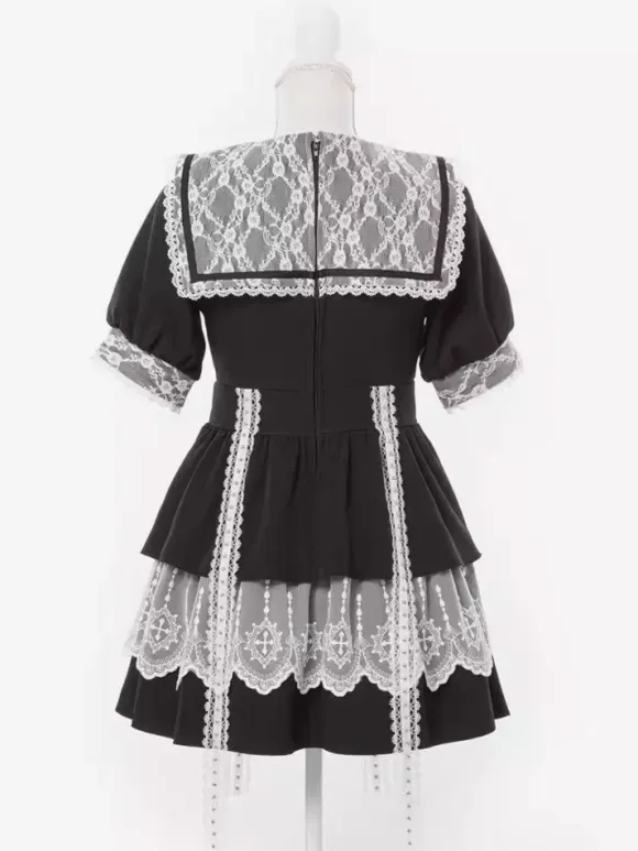 Gothic Lolita Dress Japanese Style Lace Splicing Mine Sailor Collar Slim Short Sleeve Sweet Dresses