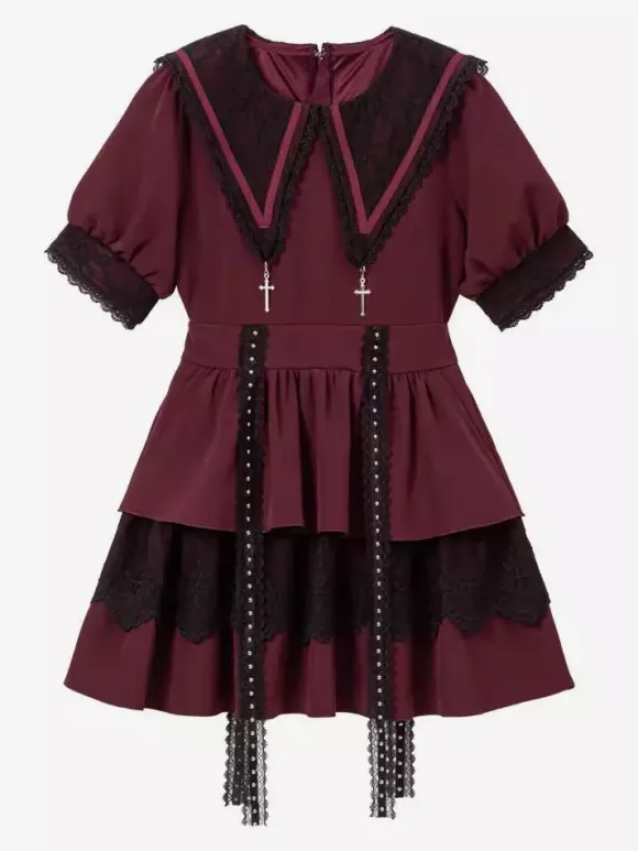 Gothic Lolita Dress Japanese Style Lace Splicing Mine Sailor Collar Slim Short Sleeve Sweet Dresses