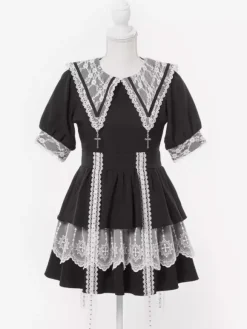 Gothic Lolita Dress Japanese Style Lace Splicing Mine Sailor Collar Slim Short Sleeve Sweet Dresses
