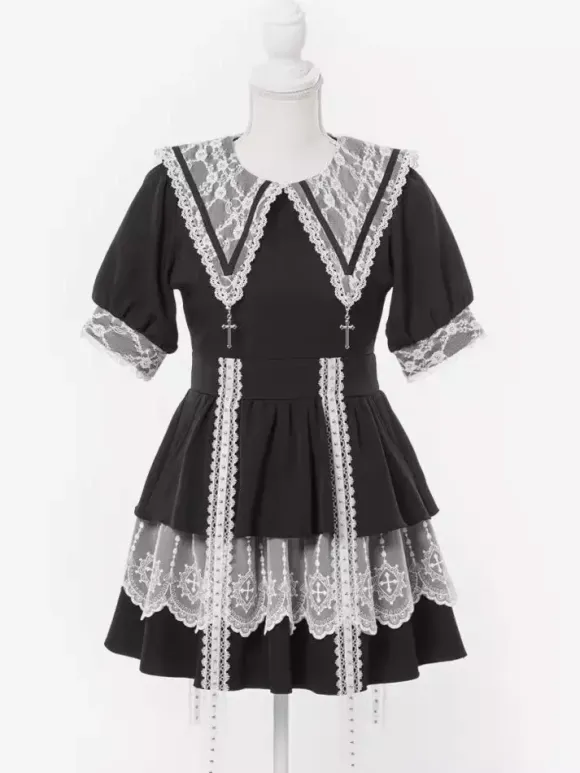 Gothic Lolita Dress Japanese Style Lace Splicing Mine Sailor Collar Slim Short Sleeve Sweet Dresses