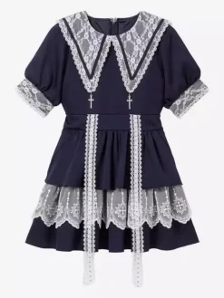 Gothic Lolita Dress Japanese Style Lace Splicing Mine Sailor Collar Slim Short Sleeve Sweet Dresses