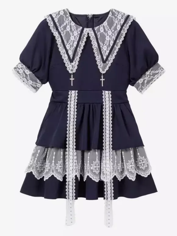 Gothic Lolita Dress Japanese Style Lace Splicing Mine Sailor Collar Slim Short Sleeve Sweet Dresses