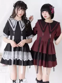 Gothic Lolita Dress Japanese Style Lace Splicing Mine Sailor Collar Slim Short Sleeve Sweet Dresses