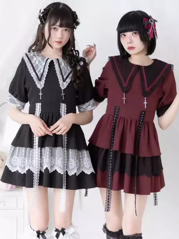 Gothic Lolita Dress Japanese Style Lace Splicing Mine Sailor Collar Slim Short Sleeve Sweet Dresses