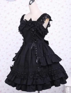 Gothic Lolita Dress JSK Black Ruffles Bow Lace Trim Lolita Jumper Skirt