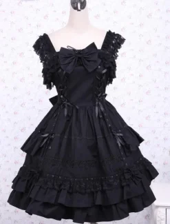 Gothic Lolita Dress JSK Black Ruffles Bow Lace Trim Lolita Jumper Skirt